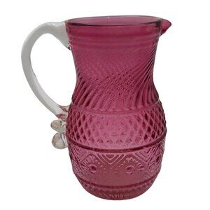Vintage Pilgrim Cranberry Hand Blown Glass Bennington Pitcher Optic Swirl Design